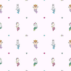 Kawaii pattern with animal mermaids, shells, corals, pearls, fish and diamonds on light pink background. Vector 8 EPS.