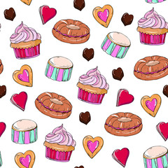 Seamless  pattern  Valentines day hand drawing,  baking and sweets, Cupcake, sweets, cakes, .Christmas, holidays decoration. For menus, packaging, fabrics, invitations