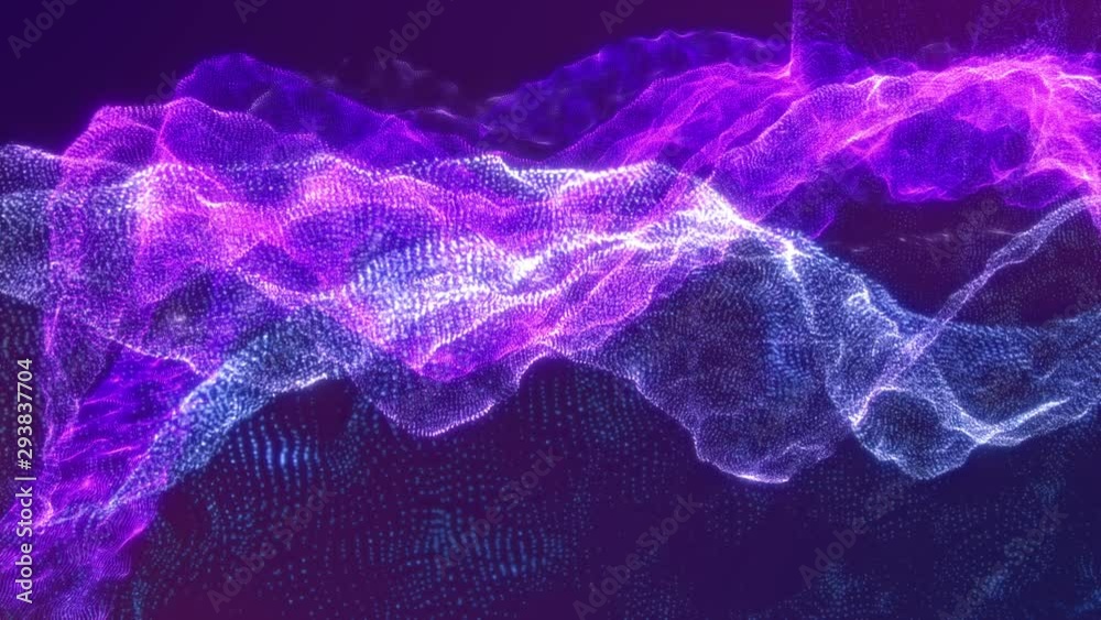 Poster 4K Futuristic Sci fi Digital Wave Dot Particle Motion Background. Beautiful Landscape Floating Defocus Animation Graphic Design.