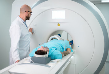Patient visiting MRI procedure in a hospital - obrazy, fototapety, plakaty