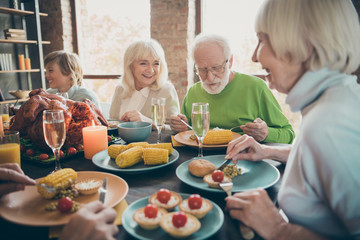 Portrait of nice lovely cheerful cheery friendly big full family eating brunch lunch delicious autumn fall season tradition generation gathering in modern loft industrial style interior house