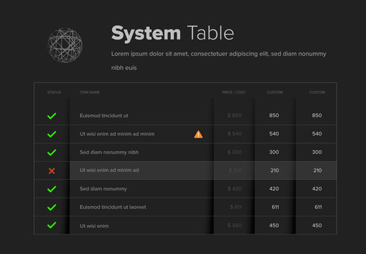 Dark Info Chart Table Layout with Icons