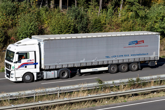 WIEHL, GERMANY - September 29, 2018: Baltic Line truck on motorway. Founded in 2006, Baltic Line is a local and international cargo transportation and forwarding company, based in Vilnius, Lithuania.