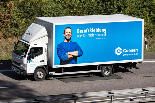 WIEHL, GERMANY - September 29, 2018: Coenen truck on motorway. Coenen offers a comprehensive range of products from occupational safety, factory equipment and industrial technology.