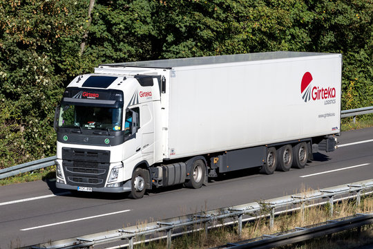 WIEHL, GERMANY - September 29, 2018: Girteka truck on motorway. Girteka Logistics is Europe’s leading asset based Transport Company, delivering more than 420.000 Full truck loads annually.