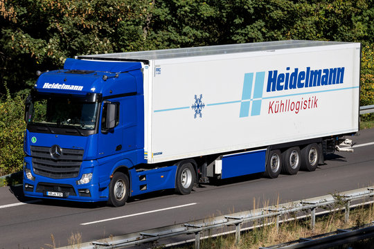 WIEHL, GERMANY - September 29, 2018: Heidelmann truck on motorway. Heidelmann was founded in 1946 and is specialised in the transport of temperature-controlled goods.