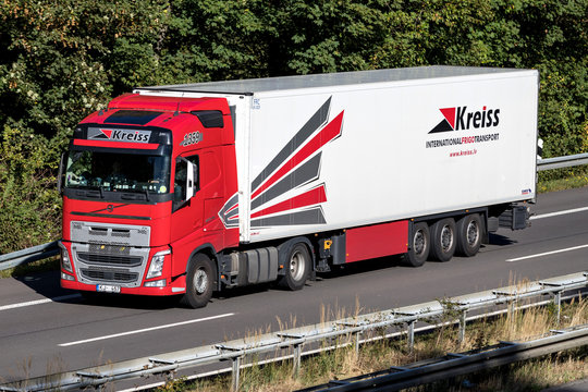 WIEHL, GERMANY - September 29, 2018: Kreiss truck on motorway. Kreiss is a major company in Latvia and a noticeable service provider in the European logistics market.