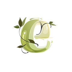 E letter watercolor hand drawn green natural logo.