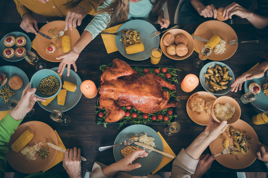 Top Above High Angle View Of Served Table Nice Sweet Friendly Family Having Lunch Luncheon Brunch Homemade Fresh Delicacy Meal Dishes Gathering Autumn Fall Season Tradition Harvest In House Restaurant