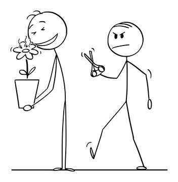Vector cartoon stick figure drawing conceptual illustration of man enjoying smelling to beautiful flower in plant pot, envious colleague is going with scissors.
