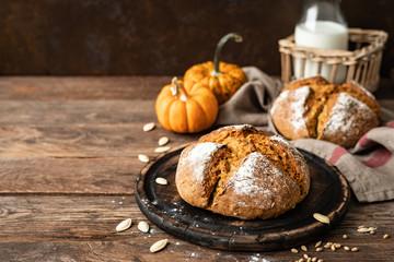 Pumpkin bread. Homemade rye wholemeal yeast-free bread with pumpkins