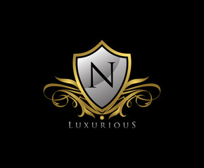 Luxury Gold Shield N Letter Logo Icon. Elegant N Letter Icon.