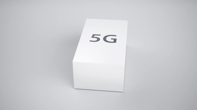Concept of new technology delivering. White glossy cardboard box on white background, package for device or smartphone, 5g symbol on top cover. Camera pan rotate movement, 3g cgi 60 fps animation.