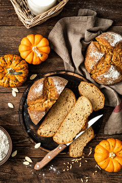 Pumpkin bread. Homemade rye wholemeal yeast-free bread with pumpkins