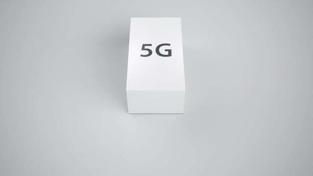 Concept of new technology delivering. White glossy cardboard box white background, package for device or smartphone, 5g symbol on top cover. Camera tilt, pedestal movement, 3g cgi 60 fps animation.