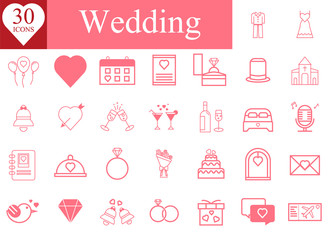 Fototapeta na wymiar Wedding Icon set, Marriage, Engagement, Ring, Love, Celebration, Bridal dress, Wine Bottle, Vector Illustration collection