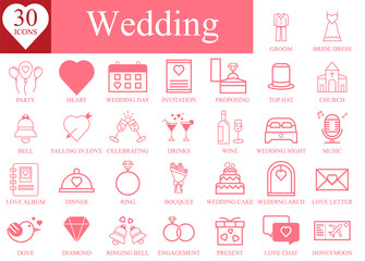 Wedding Icon set, Marriage, Engagement, Ring, Love, Celebration, Bridal dress, Wine Bottle, Vector Illustration collection