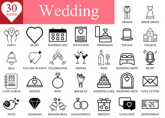 Wedding Icon set, Marriage, Engagement, Ring, Love, Celebration, Bridal dress, Wine Bottle, Vector Illustration collection