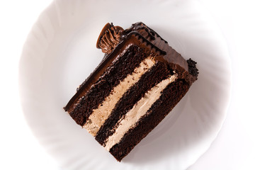 Chocolate cake slice isolated on white background
