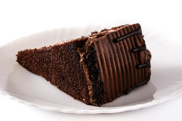 Chocolate cake slice isolated on white background
