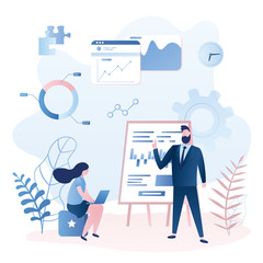 Staff education or business training concept. Businessman teacher and female clerk student.