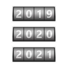 Set of calendar with years- 2019, 2020, 2021. Flip board countdown timer with years number. Happy New Year concept.