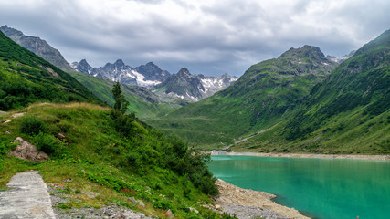 Mountain landscape and lake Vermunt along Silvretta High Alpine Road, Austria