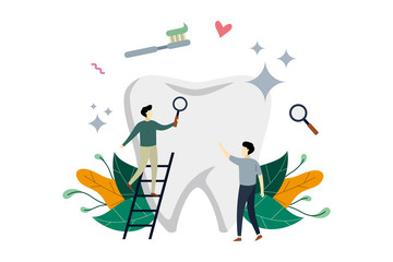 Healthcare, dental cleaning treatment, dental medicine with small people concept vector flat illustration, suitable for background, banner, landing page, advertising illustration