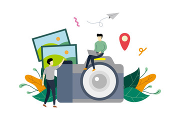 Photography industry, photography courses flat illustration with big camera and small people concept vector template, suitable for background, landing page, advertising illustration