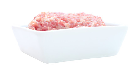 Side raw minced pork in rectagle bowl on white background.