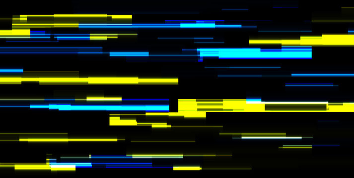 Abstract Cyan Yellow Tech Glowing Neon Lines Background. Laser Glitch Effect Retro Graphic Design. Vector Futuristic Illustration