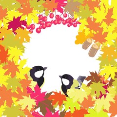 Obraz premium Autumn frame of maple leaves, autumn background, warm colors, fruits and birds, color illustration in vector