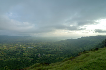 Fototapeta na wymiar Lush Green Valley view seen from Kaas Plateau,Satara,Maharashtra,India