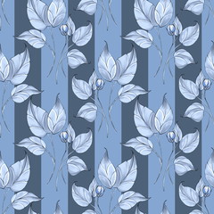 Motif de feuille sans soudure. Fond floral rayé bleu