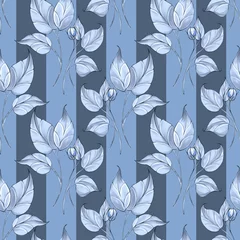 Papier peint Rayures verticales Motif de feuille sans soudure. Fond floral rayé bleu