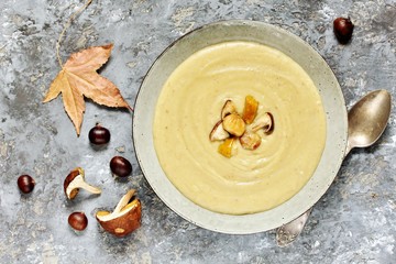 soup puree with mushrooms and chestnuts. autumn soup. Italian and French food. copy space. top...