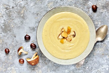 soup puree with mushrooms and chestnuts. autumn soup. Italian and French food. copy space. top view. Flatlay