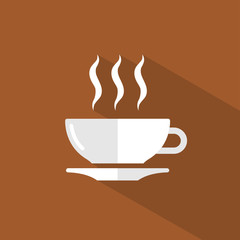 white Cup of coffee and white smoke.icon flat style with long shadow on brown background.