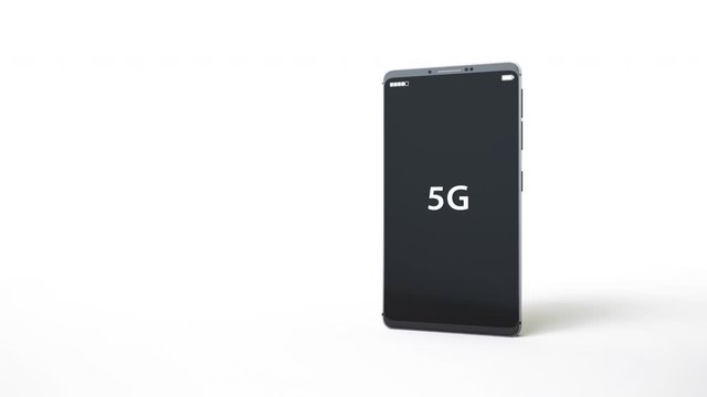 Brand new modern smartphone isolated on white background, 5g symbol pulsates on lcd screen. Concept of new technology delivering. Camera locked, endless seamless 3d cgi 60 fps animation.