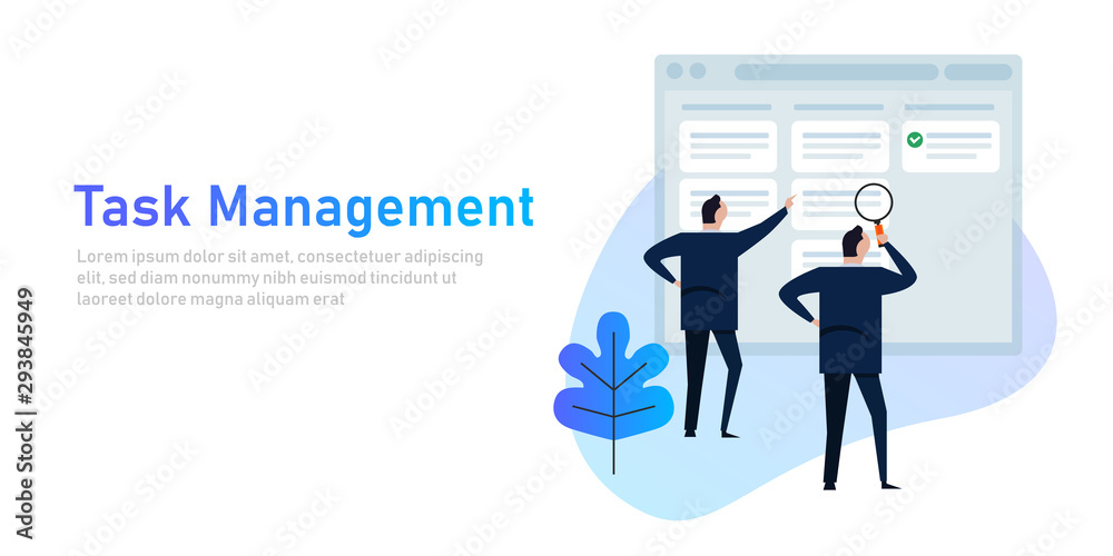 Poster task management project manager business man with to do list software system