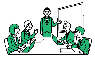 Business man giving a presentation at a meeting. Vector illustration.