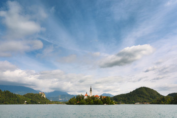Lake Bled (Blejsko jezero) with its scenic island in Julian Alps of Slovenia. Panoramic landscape with copy space