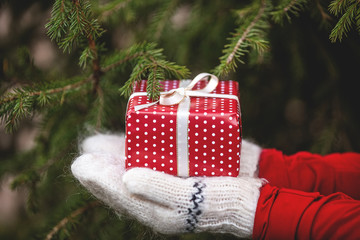 Close-up of hands in knitted mittens holding a handmade Christmas red gift box with bow on green...