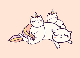 Cute cartoon character cat unicorns sleeping, funny vector illustration. T-shirt print graphic art.