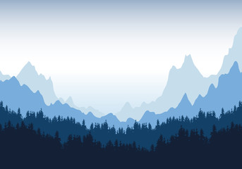 Realistic illustration of mountain landscape with silhouettes of coniferous trees and forest under blue sky with fog or haze and space for text, vector