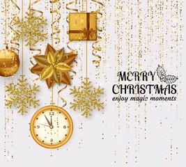 Merry Christmas background with shiny snowflakes, golden balls, clock, gift boxes and gold colored tinsel and streamer. Greeting card and Xmas template