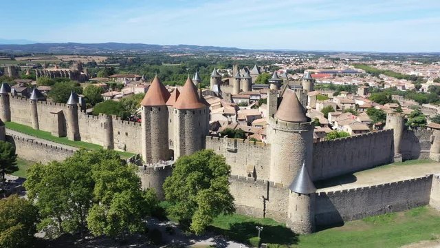 Aerial top view of Carcassonne medieval city and fortress castle from above, Sourthern France