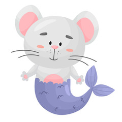 Cute gray mouse. Mermaid mouse. Vector illustration in cartoon flat style. White background. Year of the mouse. Symbol of the year