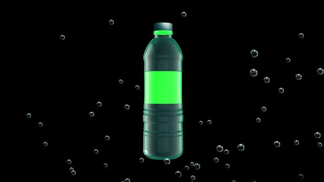  3d Plastic water bottle with green screen label under water surrounded by small bubbles that rise a black background.  ideal for advertising mineral water, soda or fizzy drink. Freshness concept.