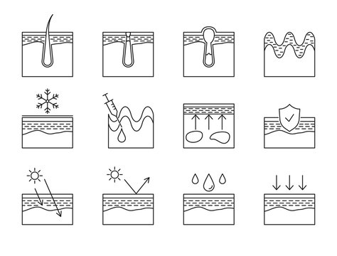 Skin problems and care, dermatology vector icons